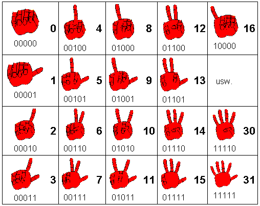 Tabelle 4: Mit den fünf Fingern einer Hand von 0 bis 31 zählen!